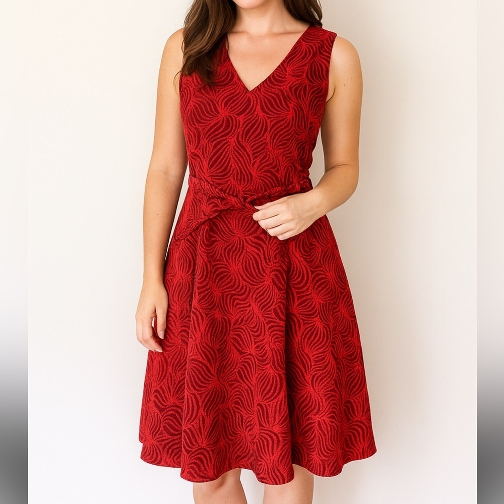 Etcetera Red Swirl Midi Dress sleeveless women size 8
